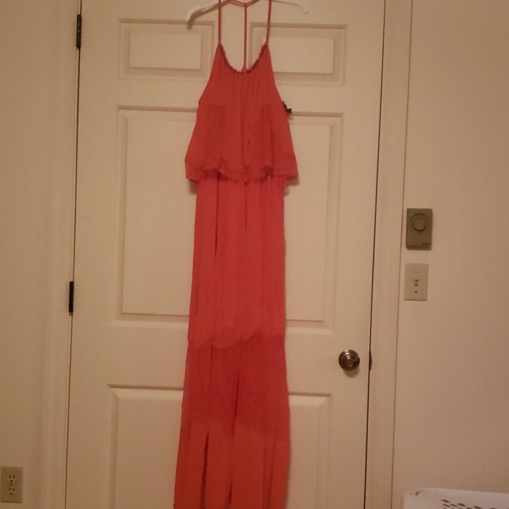 Bisou Bisou Maxi Sundress with Lace - Coral